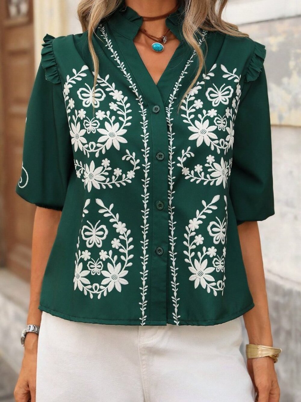 Green Boho Women's V-Neck Ruffle Trim Open Front Casual Printed Shirt - Picture 7 of 7